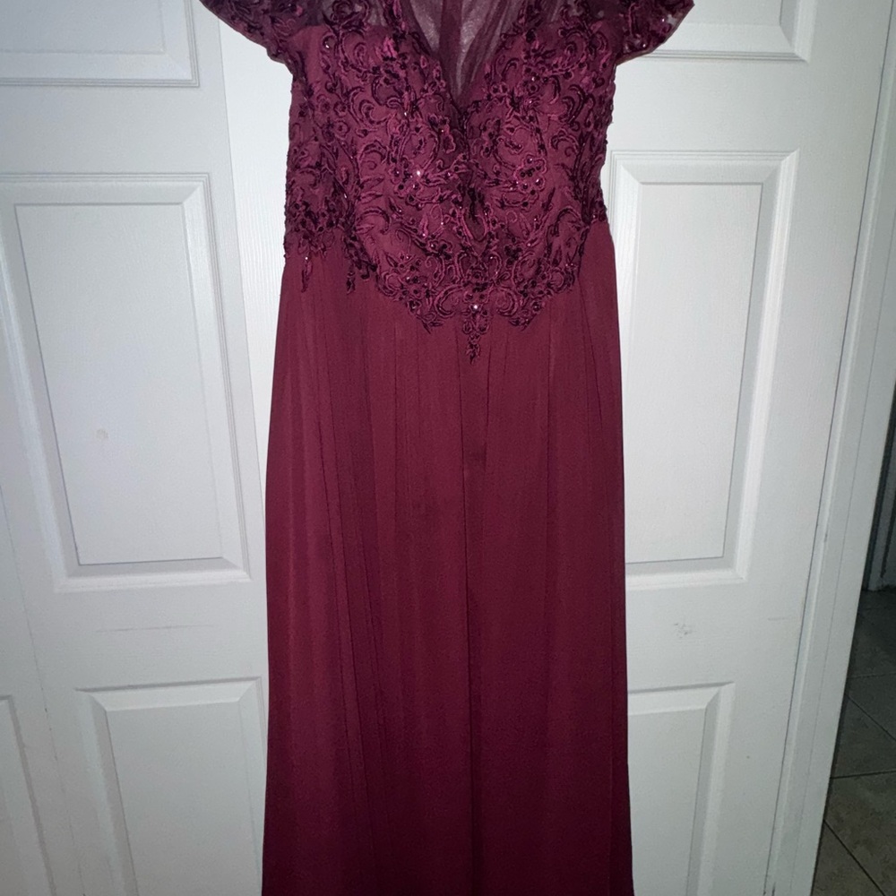 Mori Lee Burgundy Maxi Dress with Lace